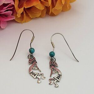 Vtg. WHEELER Sterling Native American Dancing Figure Earrings Turquoise Accent